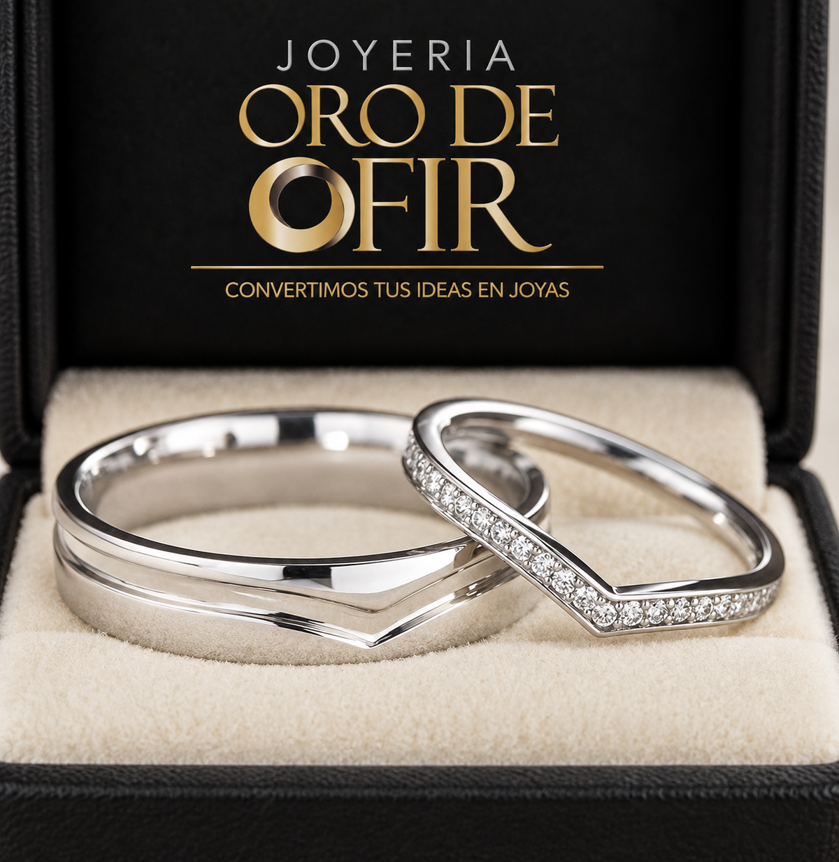 Par de Aros de Matrimonio #201 – Diseño en V con Piedras